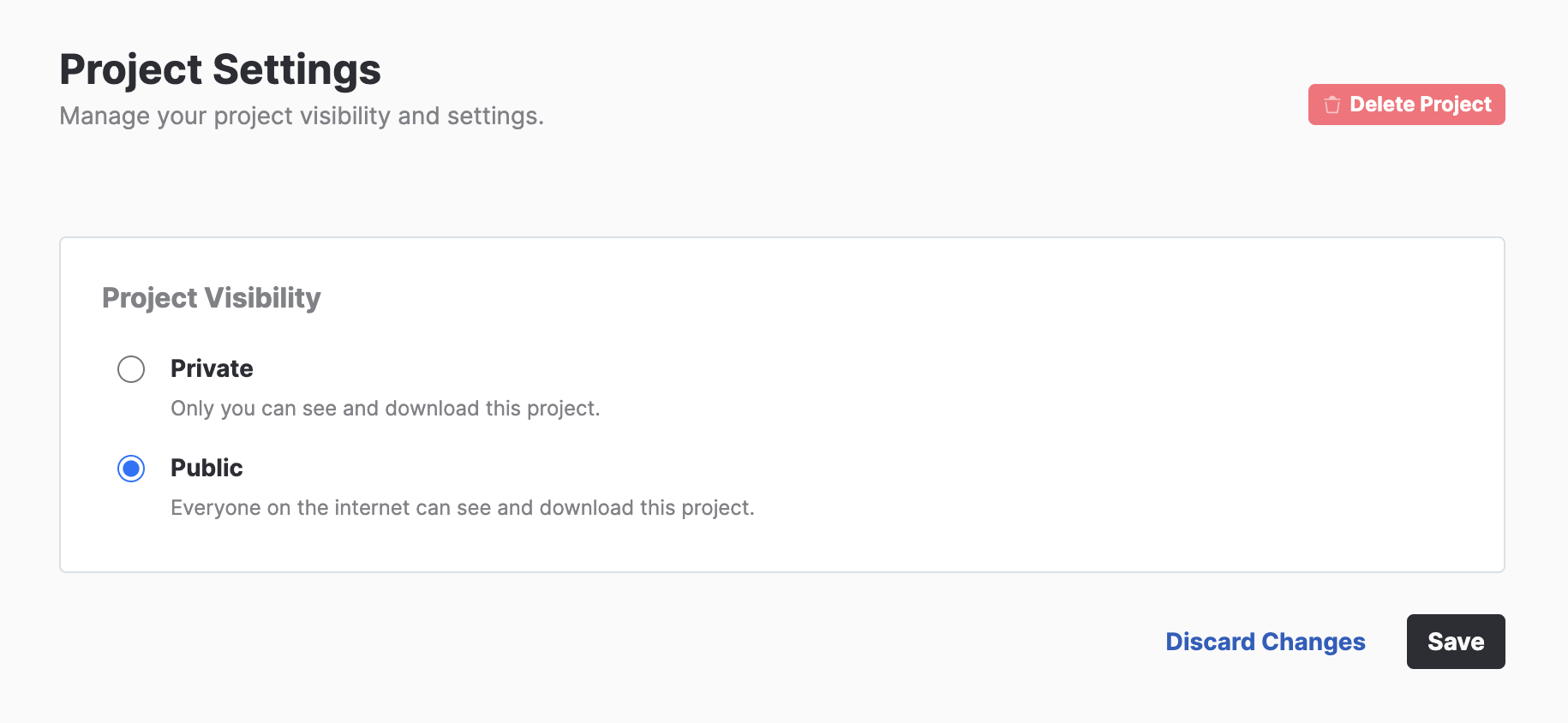 Image of the Project settings page with a visibility option.