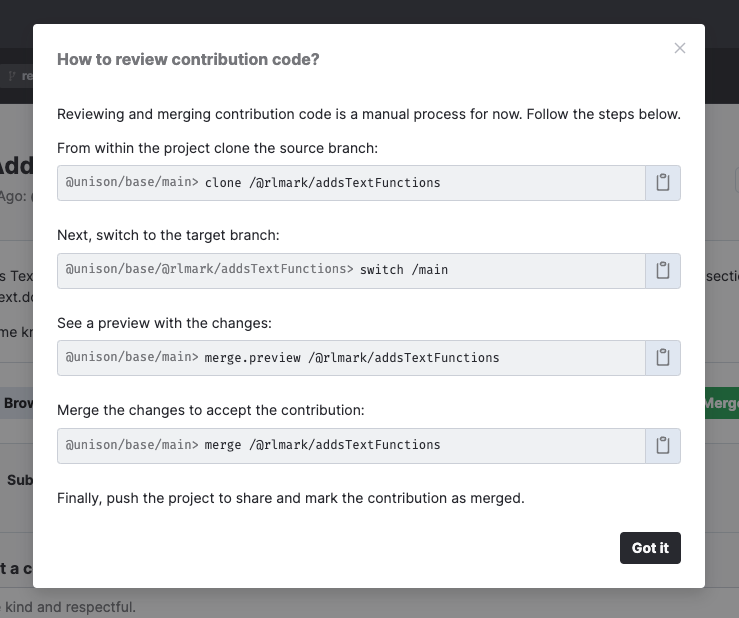 Image of the "how to review contributions" modal.