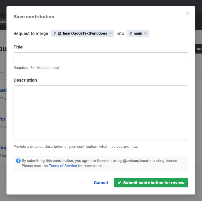 Image of the create contribution modal with form fields for title and description.